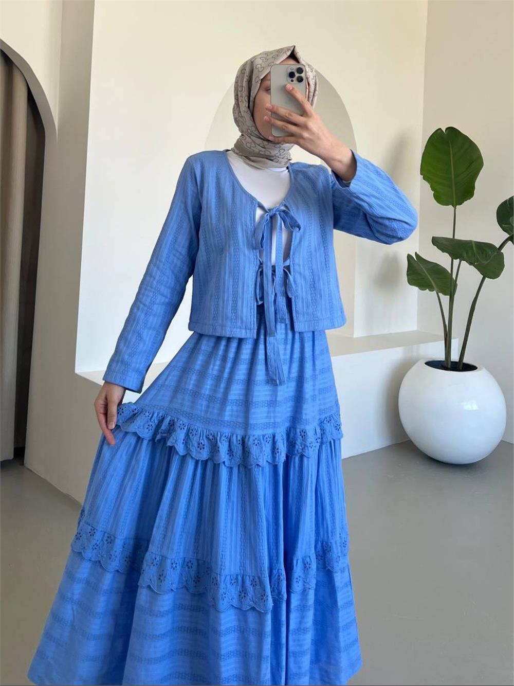 Önü Bağlamalı Fistolu Etekli Takım -Mavi-144-3012-R31