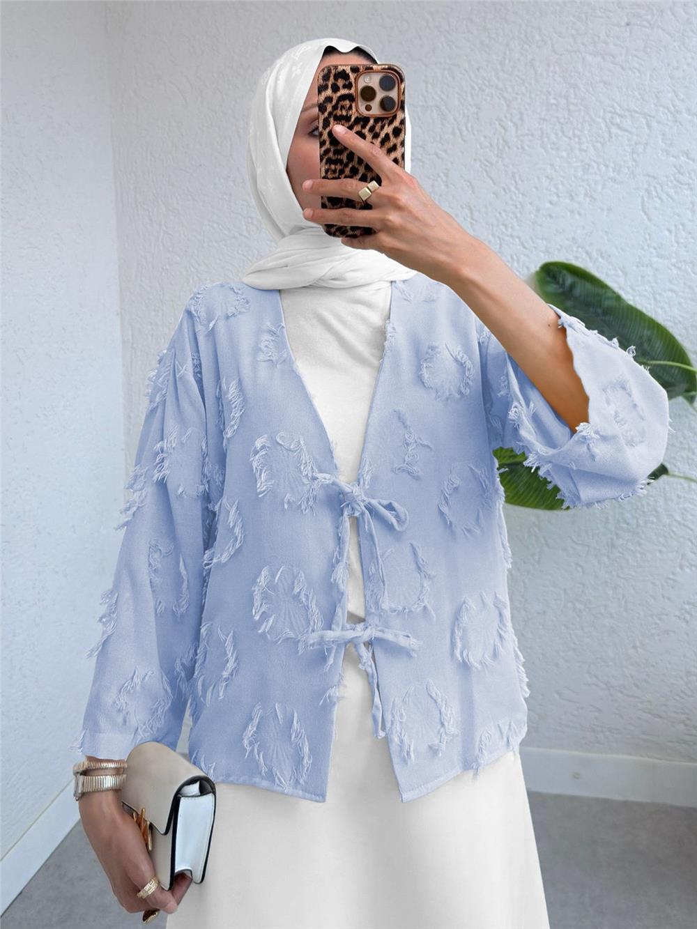 Önü Bağlamalı Püskül Detaylı Kimono  -Bebe Mavi-120-6262-R32