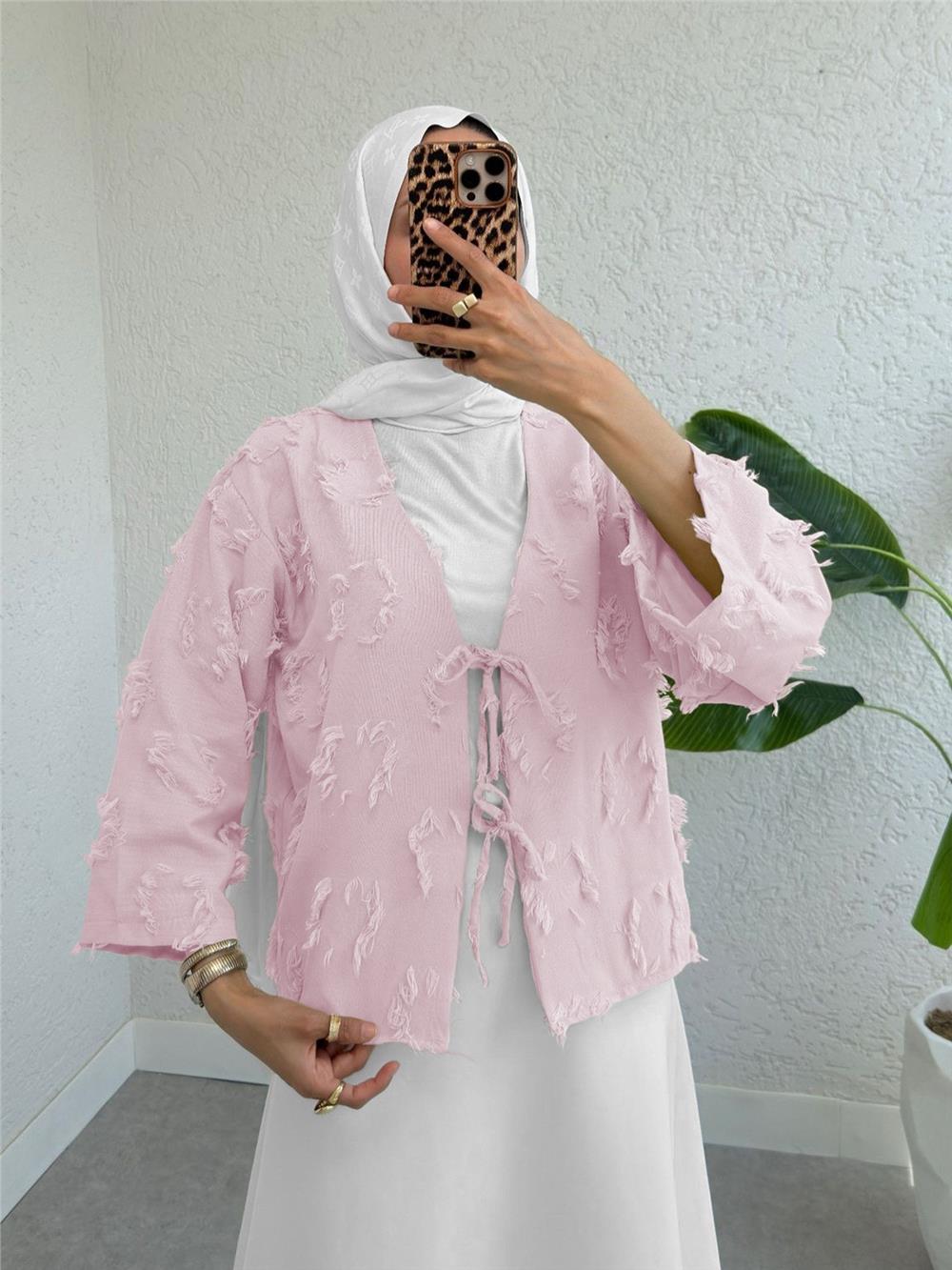 Önü Bağlamalı Püskül Detaylı Kimono  -Pudra-120-6262-R06