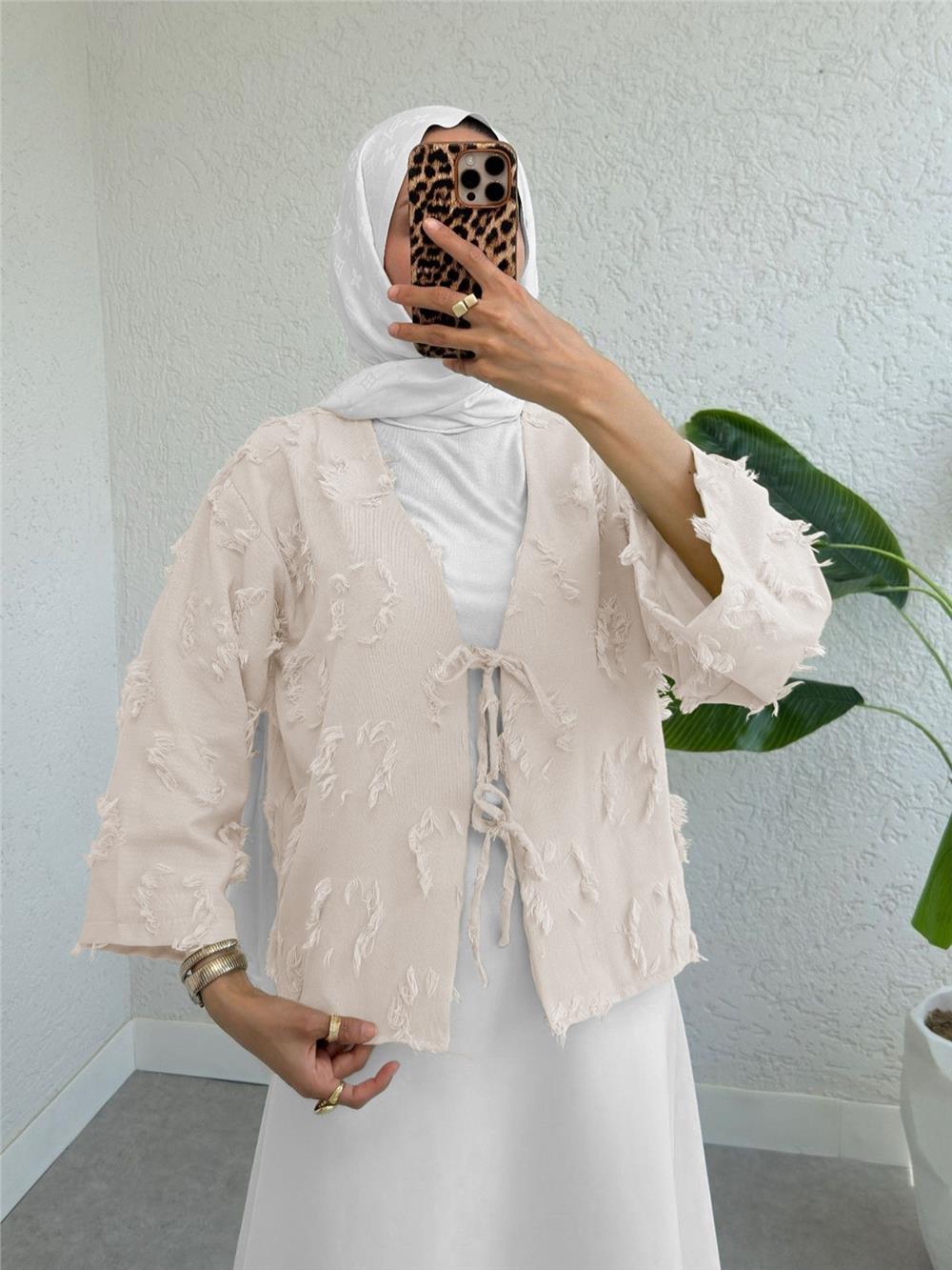 Önü Bağlamalı Püskül Detaylı Kimono  -Taş-120-6262-R43