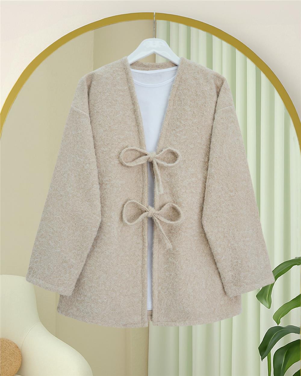 Önü Bağlamalı Sakallı Kimono -Bej-398-55003-R56