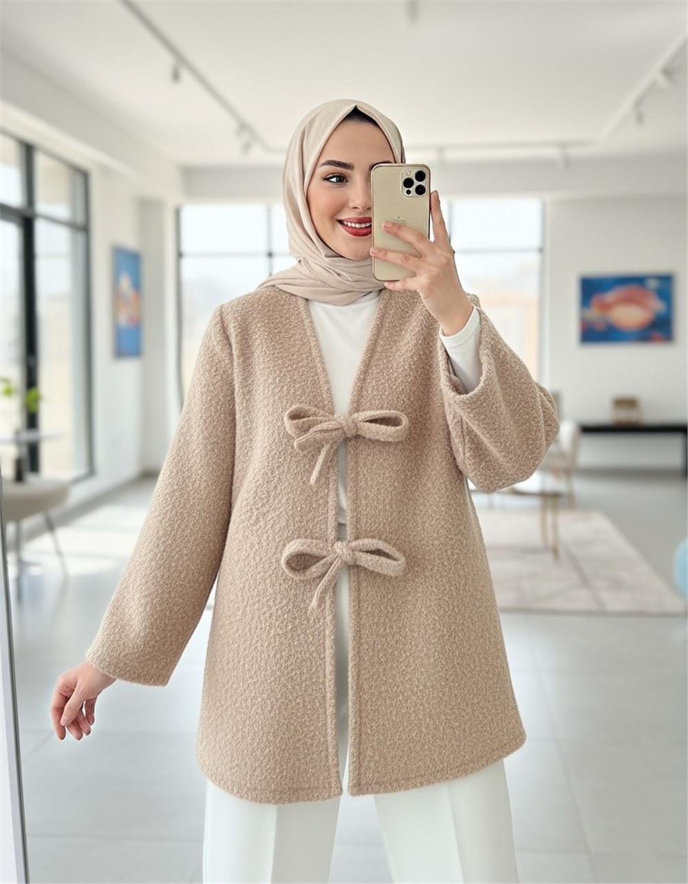 Önü Bağlamalı Sakallı Kimono -Bej-398-55003-R56