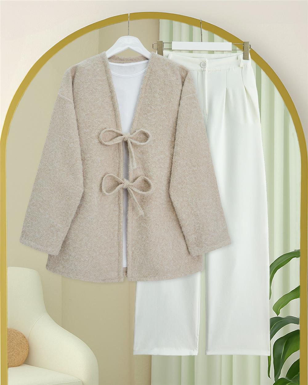 Önü Bağlamalı Sakallı Kimono -Bej-398-55003-R56