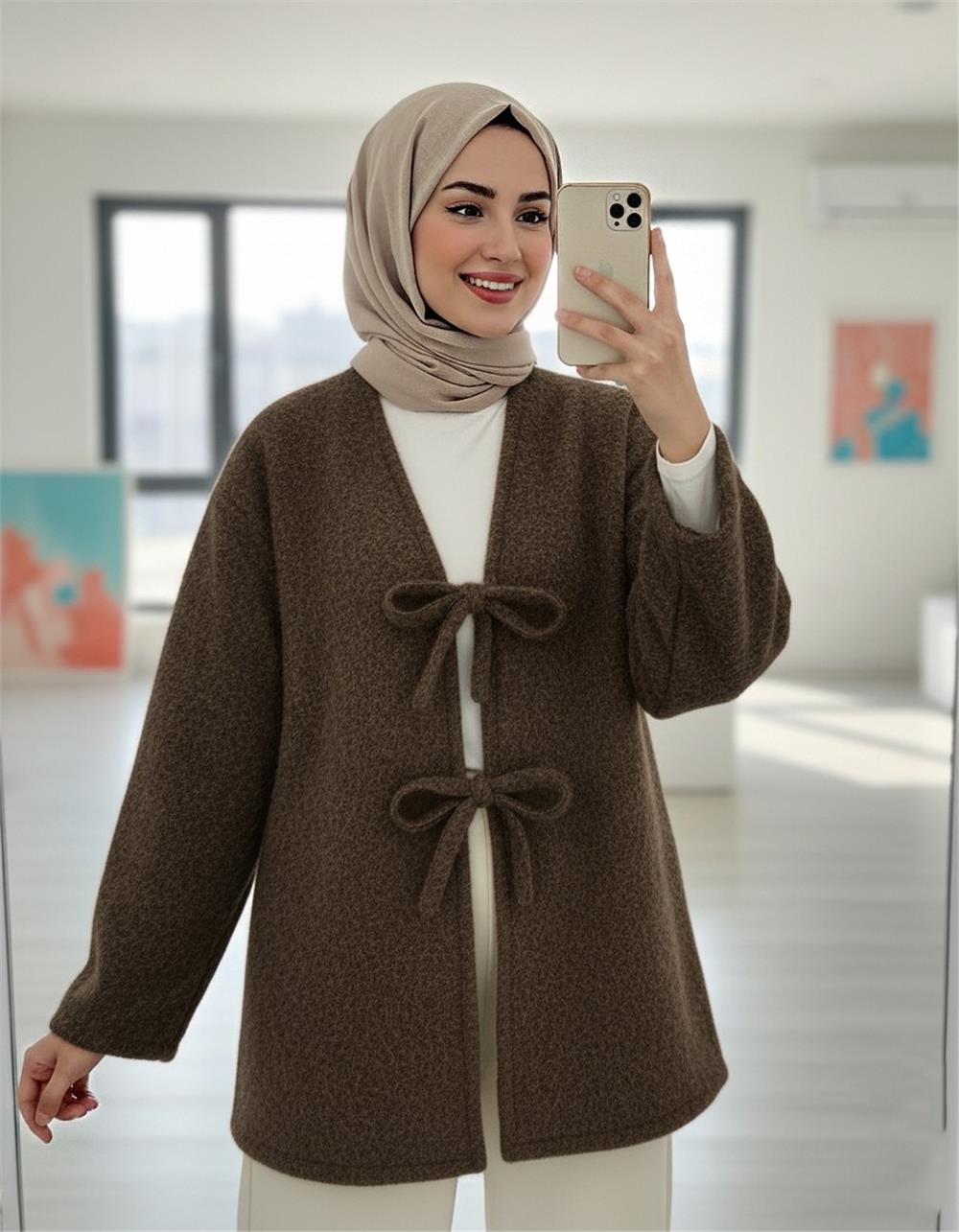 Önü Bağlamalı Sakallı Kimono -Kahve-398-55003-R15