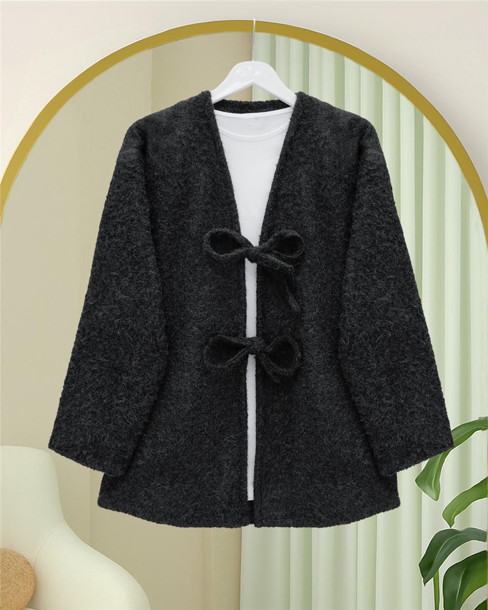 Önü Bağlamalı Sakallı Kimono -Siyah-398-55003-R01