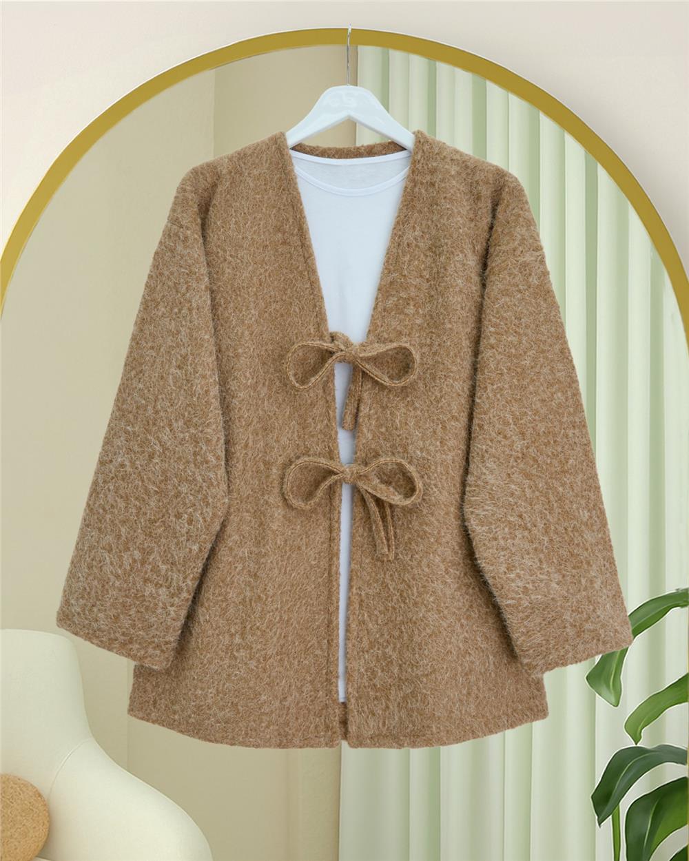 Önü Bağlamalı Sakallı Kimono -Vizon-398-55003-R23
