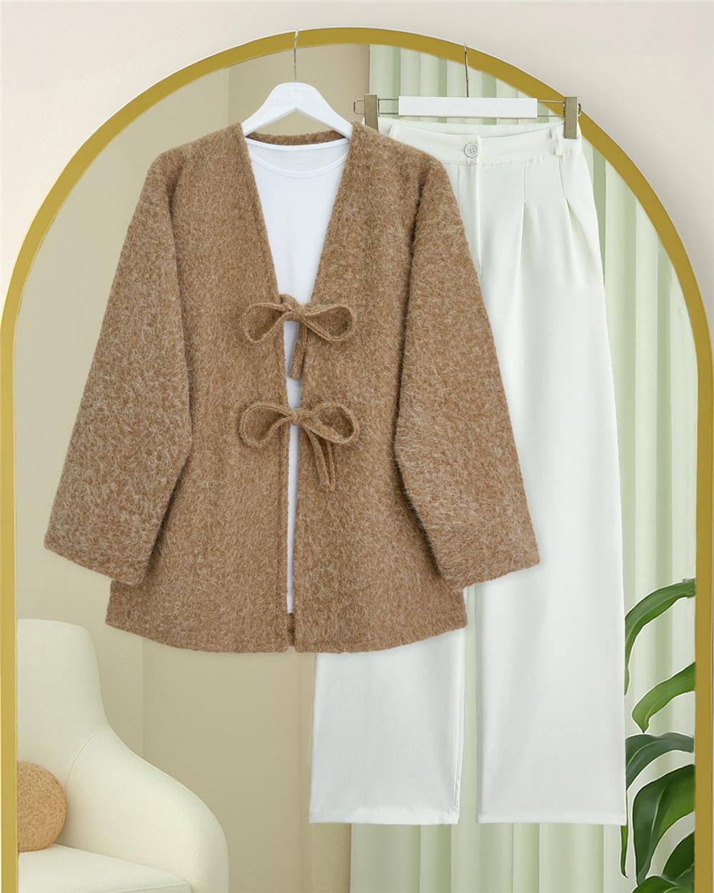Önü Bağlamalı Sakallı Kimono -Vizon-398-55003-R23