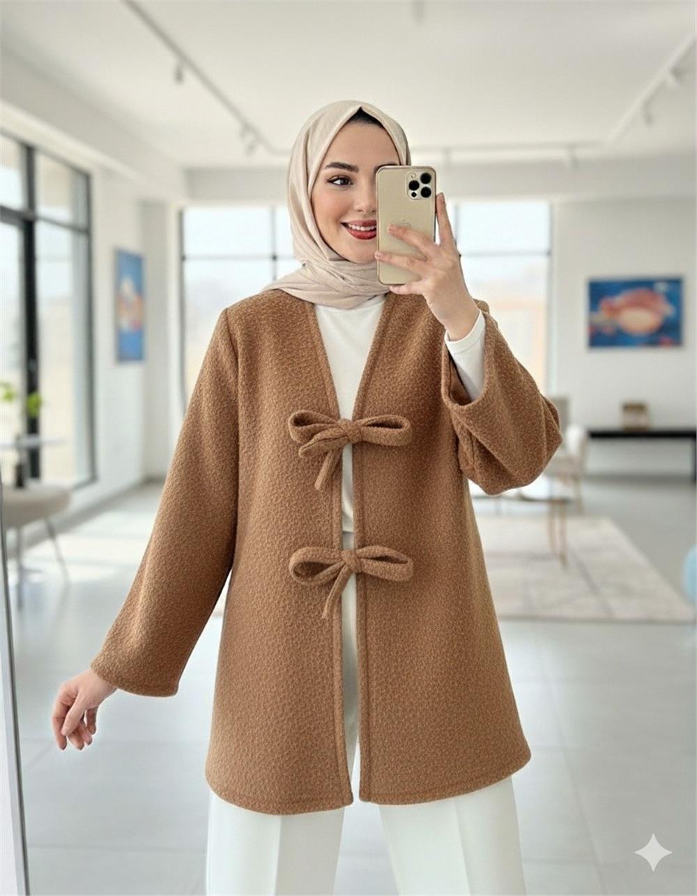 Önü Bağlamalı Sakallı Kimono -Vizon-398-55003-R23