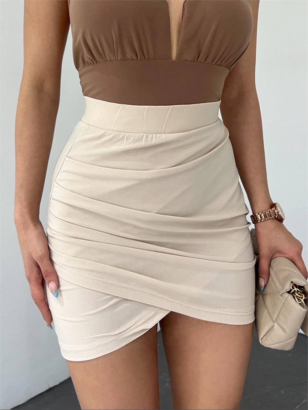Gathered Front Double Layer Sandy Mini Skirt -Beige-246-6077-R56