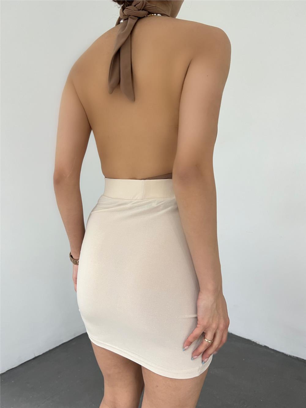 Gathered Front Double Layer Sandy Mini Skirt -Beige-246-6077-R56
