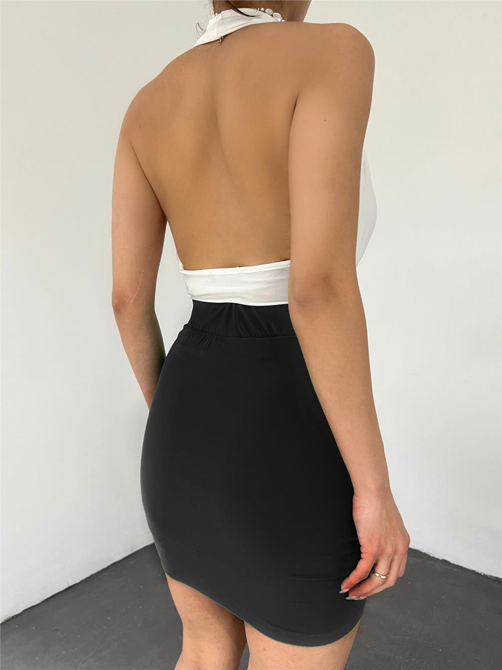Gathered Front Double Layer Sandy Mini Skirt - Black-246-6077-R01