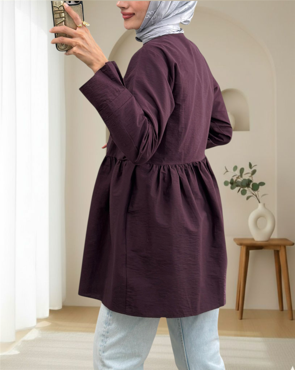 Önü Çapraz Bağlamalı Parçalı Kimono -Mürdüm-307-0002-R09