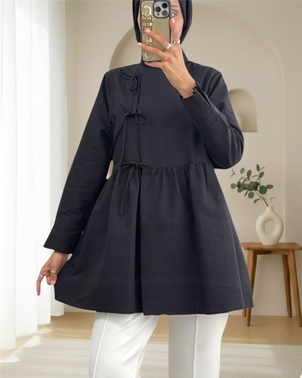 Önü Çapraz Bağlamalı Parçalı Kimono -Siyah-307-0002-R01