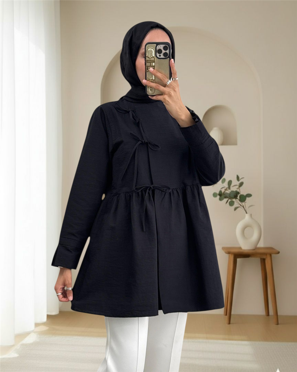 Önü Çapraz Bağlamalı Parçalı Kimono -Siyah-307-0002-R01