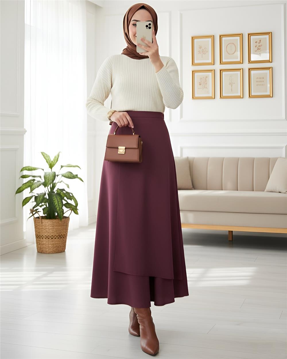 Önü Çapraz Çift Katlı Scuba Etek -Bordo-120-1632-R04