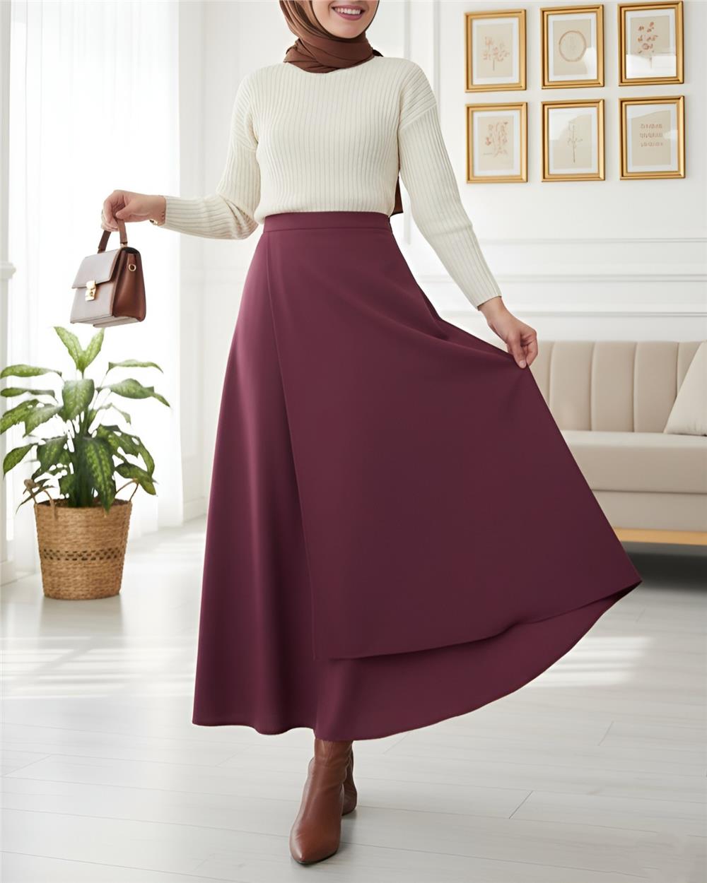 Önü Çapraz Çift Katlı Scuba Etek -Bordo-120-1632-R04