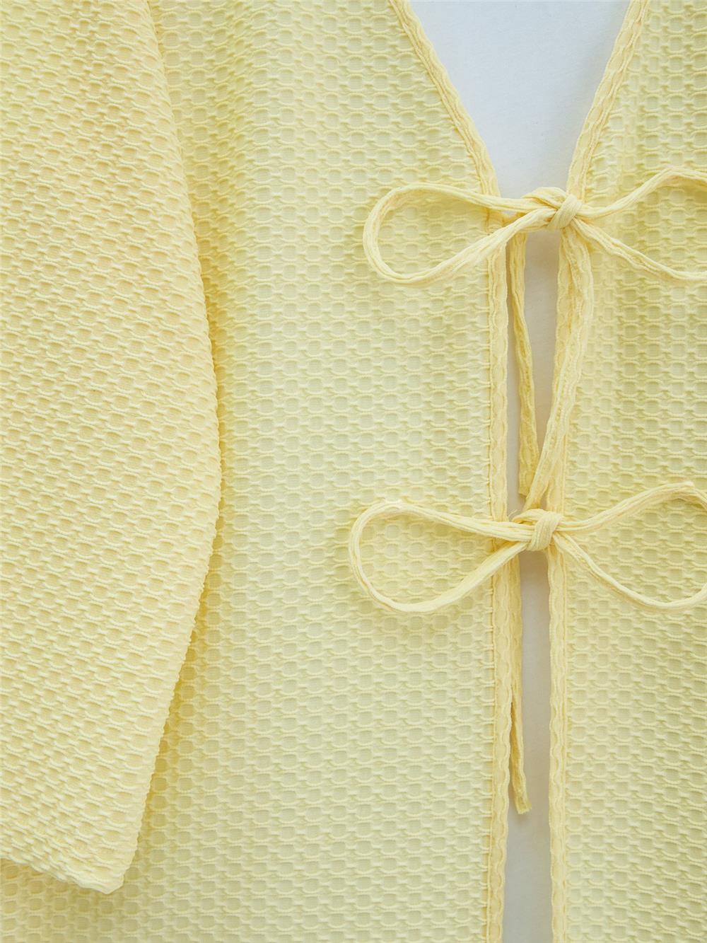 Önü Çift Bağcıklı Petek Desen Kimono -Açık Sarı-307-2373-R75