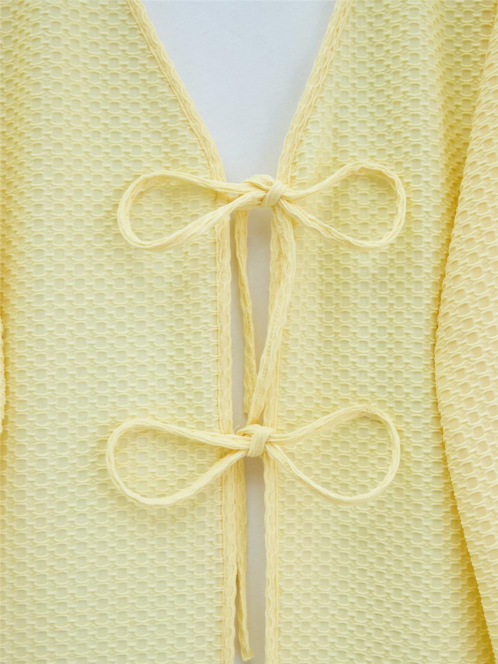 Önü Çift Bağcıklı Petek Desen Kimono -Açık Sarı-307-2373-R75