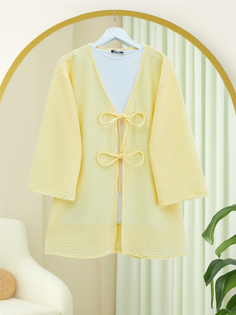 Önü Çift Bağcıklı Petek Desen Kimono -Açık Sarı-307-2373-R75