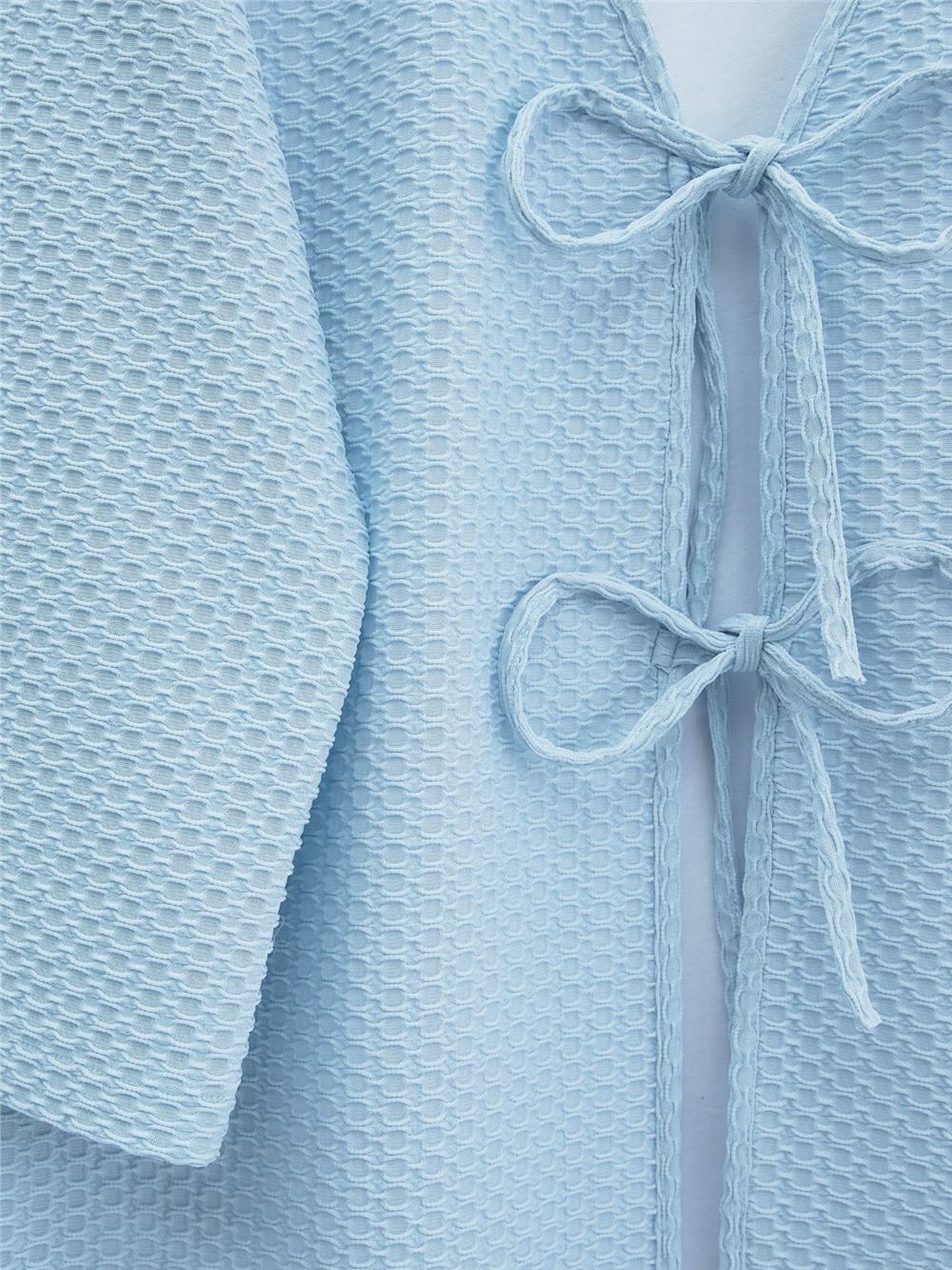 Önü Çift Bağcıklı Petek Desen Kimono -Bebe Mavi-307-2373-R32
