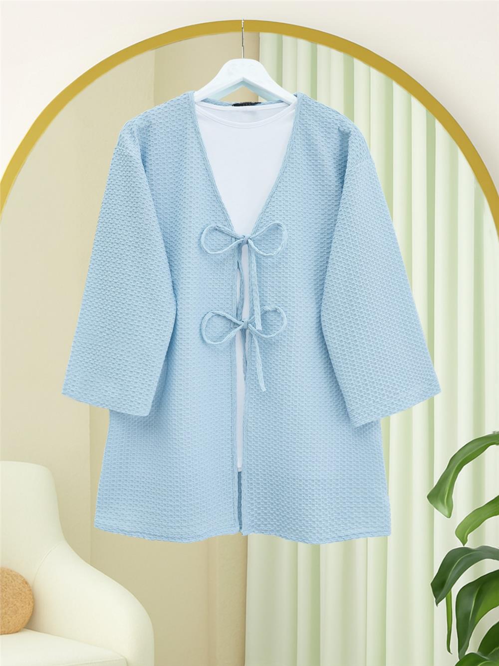 Önü Çift Bağcıklı Petek Desen Kimono -Bebe Mavi-307-2373-R32