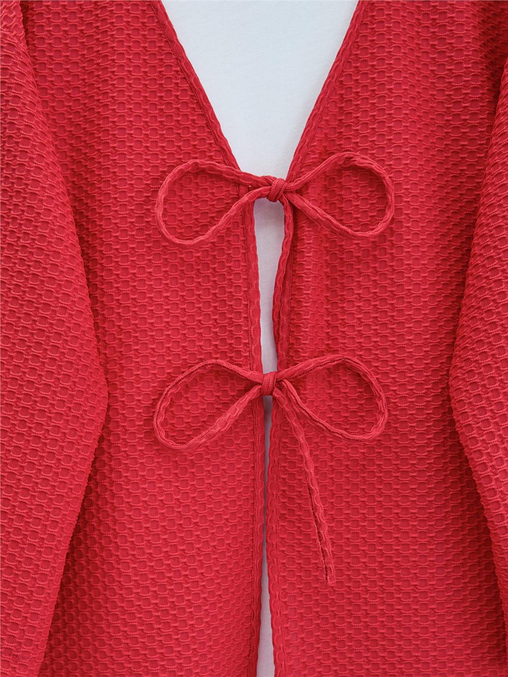 Önü Çift Bağcıklı Petek Desen Kimono -Kırmızı-307-2373-R33
