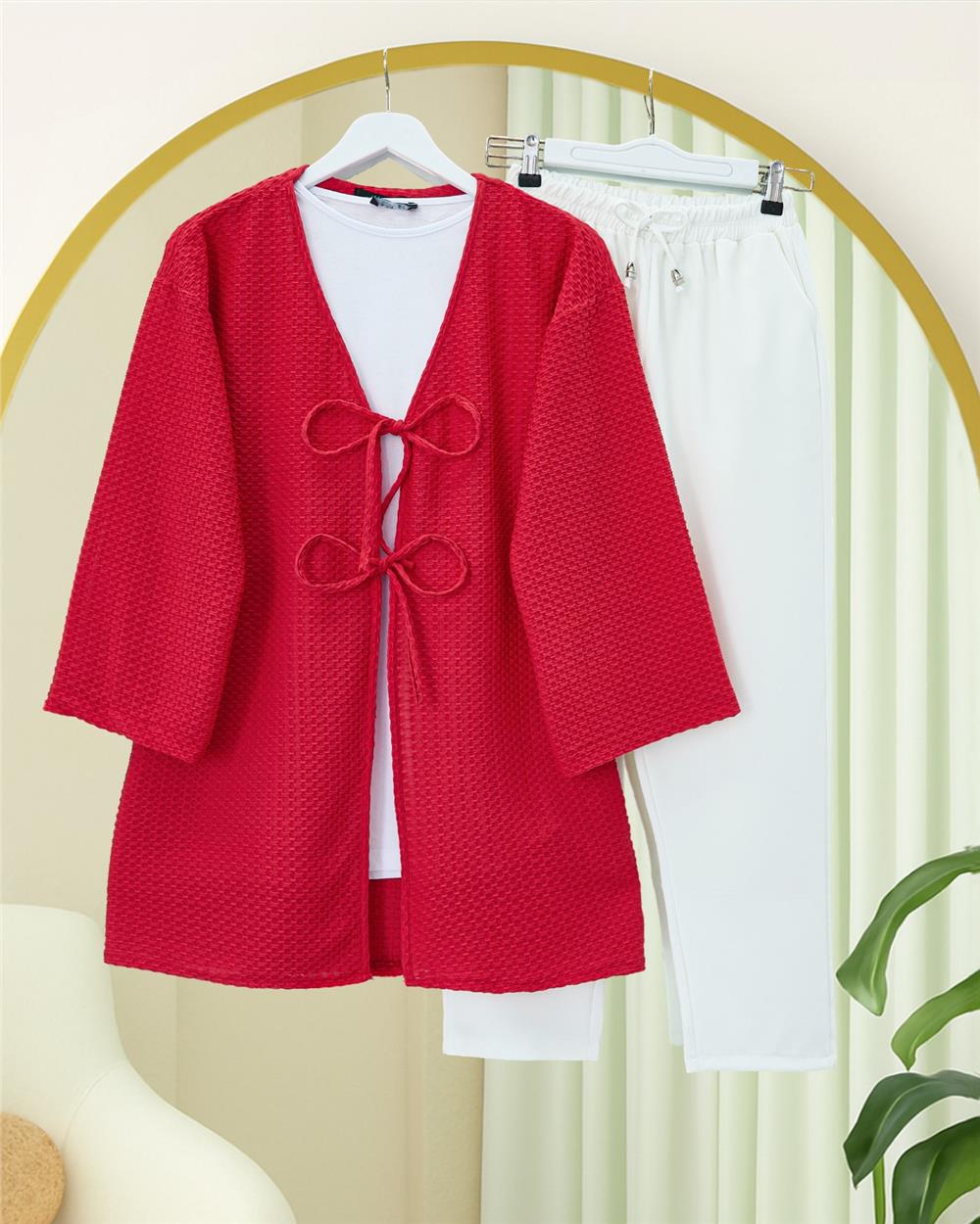 Önü Çift Bağcıklı Petek Desen Kimono -Kırmızı-307-2373-R33
