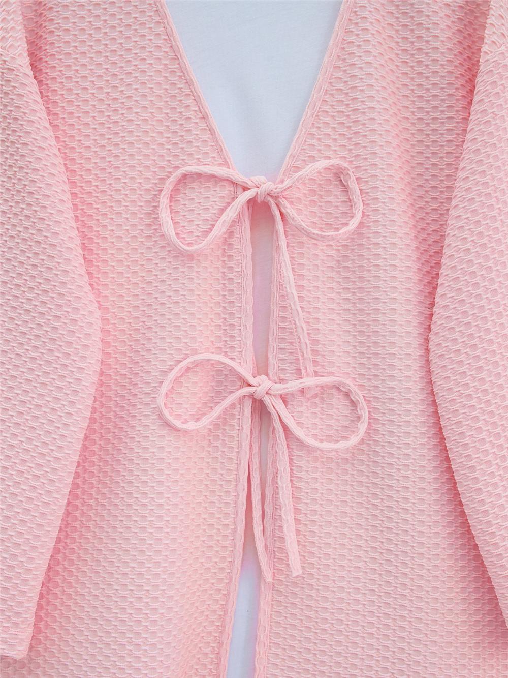 Önü Çift Bağcıklı Petek Desen Kimono -Pembe-307-2373-R20