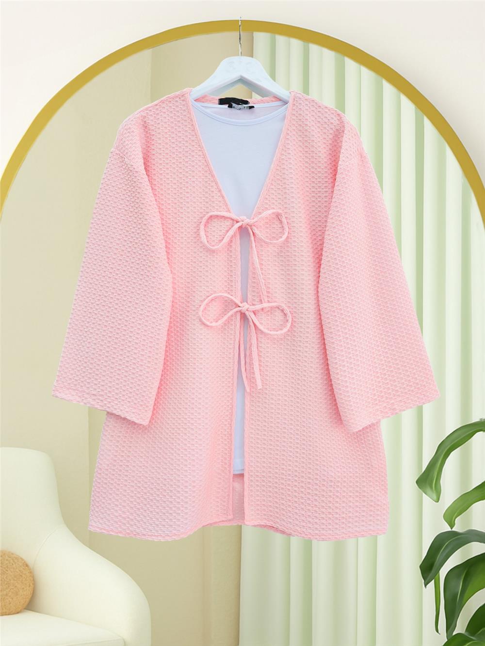 Önü Çift Bağcıklı Petek Desen Kimono -Pembe-307-2373-R20