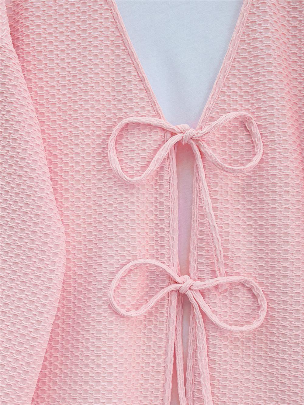 Önü Çift Bağcıklı Petek Desen Kimono -Pembe-307-2373-R20