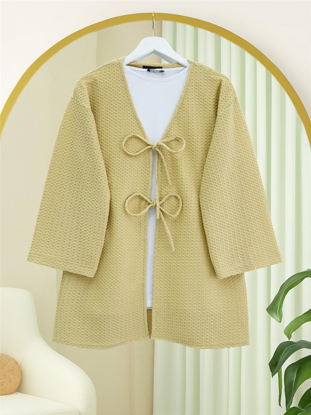 Önü Çift Bağcıklı Petek Desen Kimono -Yağ Yeşili-307-2373-R72