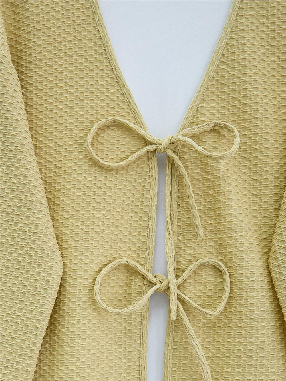 Önü Çift Bağcıklı Petek Desen Kimono -Yağ Yeşili-307-2373-R72