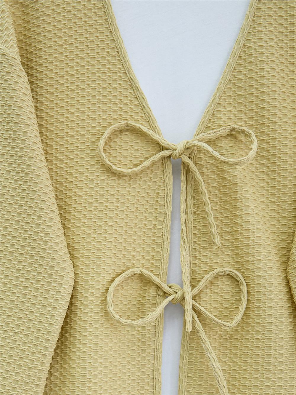 Önü Çift Bağcıklı Petek Desen Kimono -Yağ Yeşili-307-2373-R72
