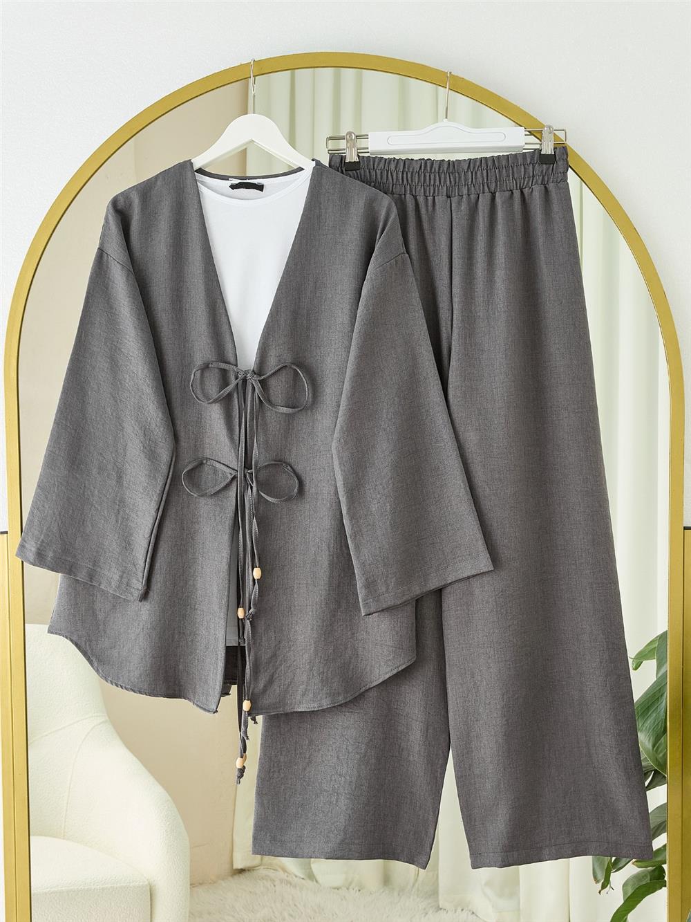 Önü Çift Bağlamalı Pantolonlu Kimono Takım       -Antrasit-223-3007-R64
