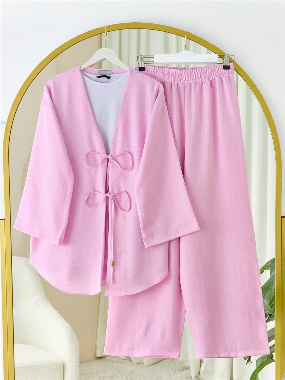 Önü Çift Bağlamalı Pantolonlu Kimono Takım       -Pembe-223-3007-R20