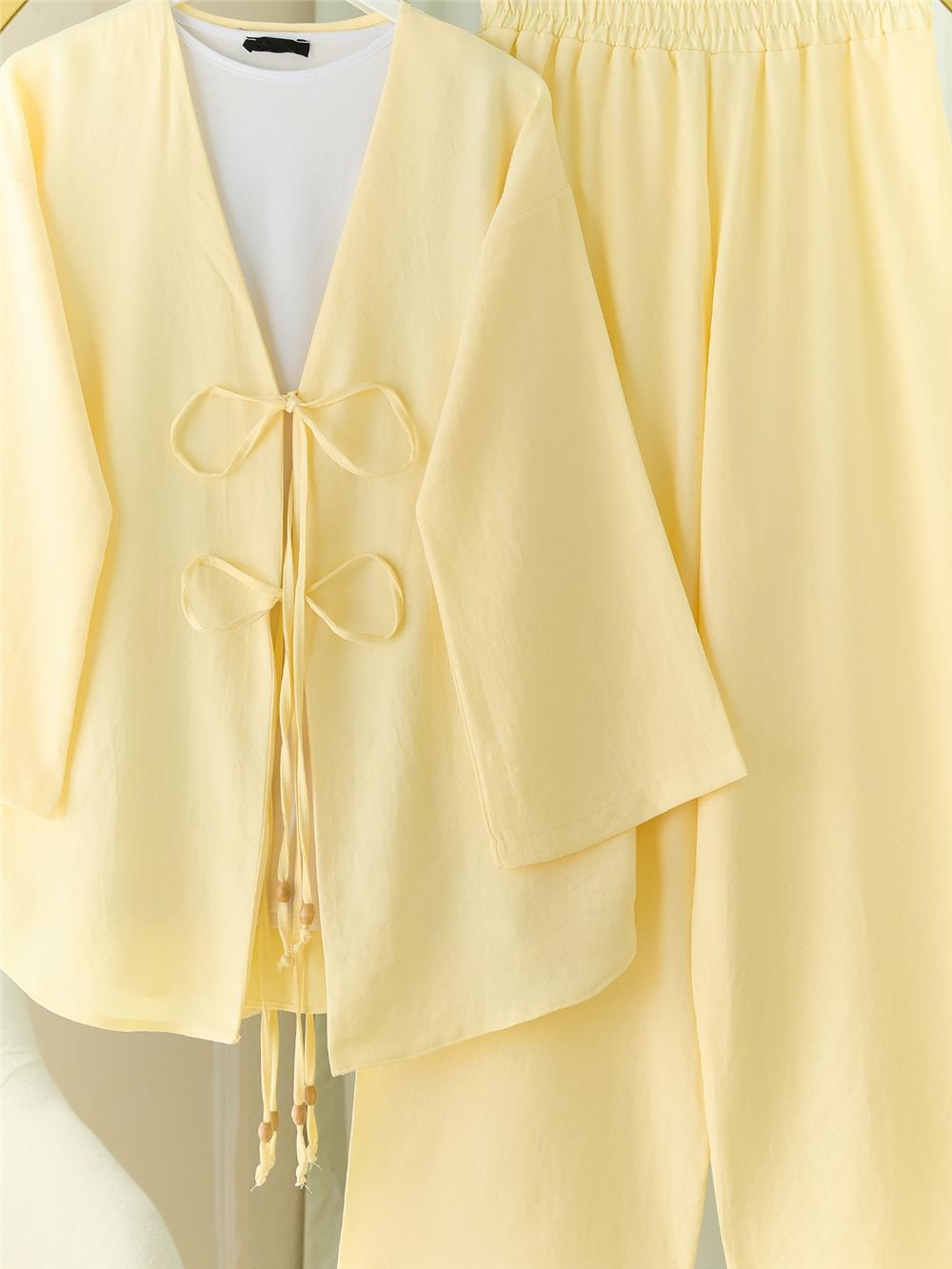 Önü Çift Bağlamalı Pantolonlu Kimono Takım       -Açık Sarı-223-3007-R75