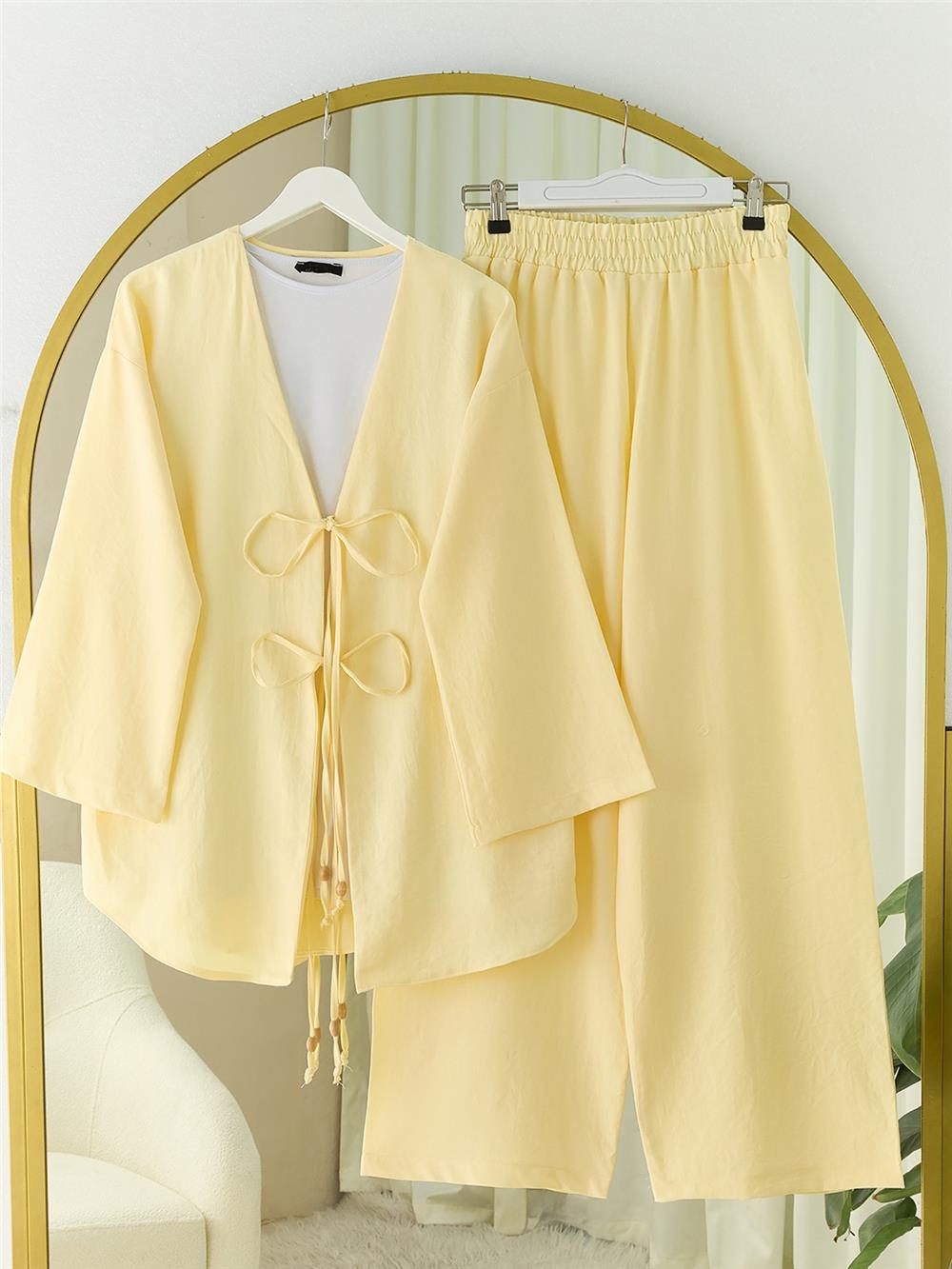Önü Çift Bağlamalı Pantolonlu Kimono Takım       -Açık Sarı-223-3007-R75