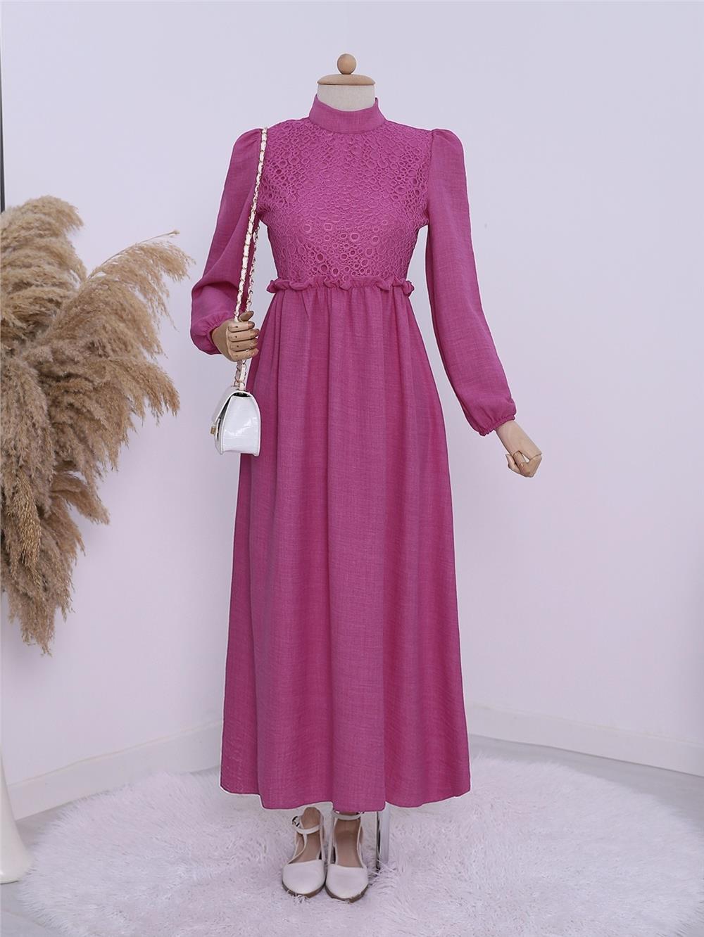 Magnificent Collar Linen Dress with Lace Detail on the Front - Fuchsia-111-61084-R14