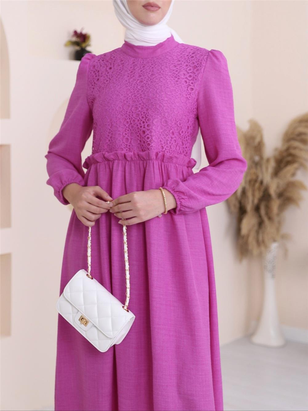 Magnificent Collar Linen Dress with Lace Detail on the Front - Fuchsia-111-61084-R14