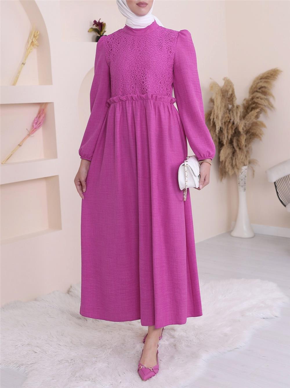 Magnificent Collar Linen Dress with Lace Detail on the Front - Fuchsia-111-61084-R14
