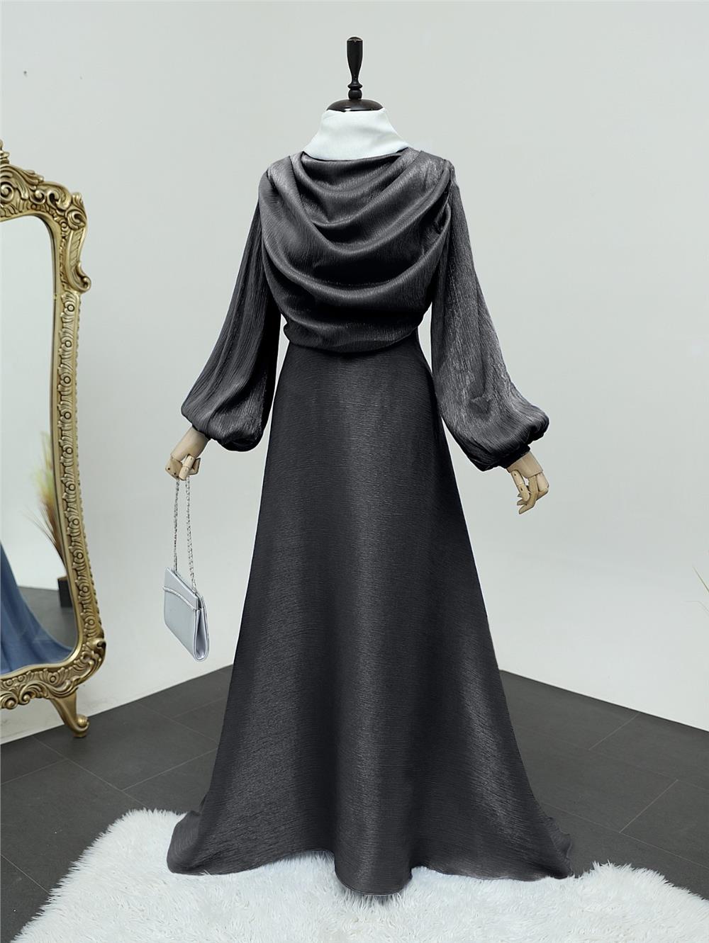 Balloon Sleeve Evening Dress with Flowing Front and Tail -Anthracite-386-5978-R64