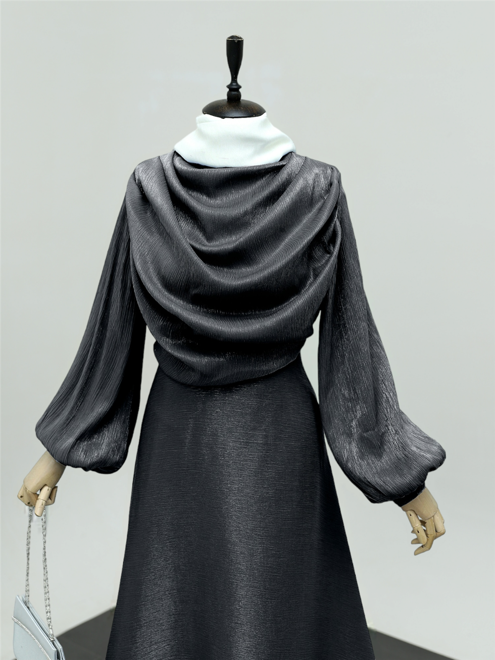 Balloon Sleeve Evening Dress with Flowing Front and Tail -Anthracite-386-5978-R64