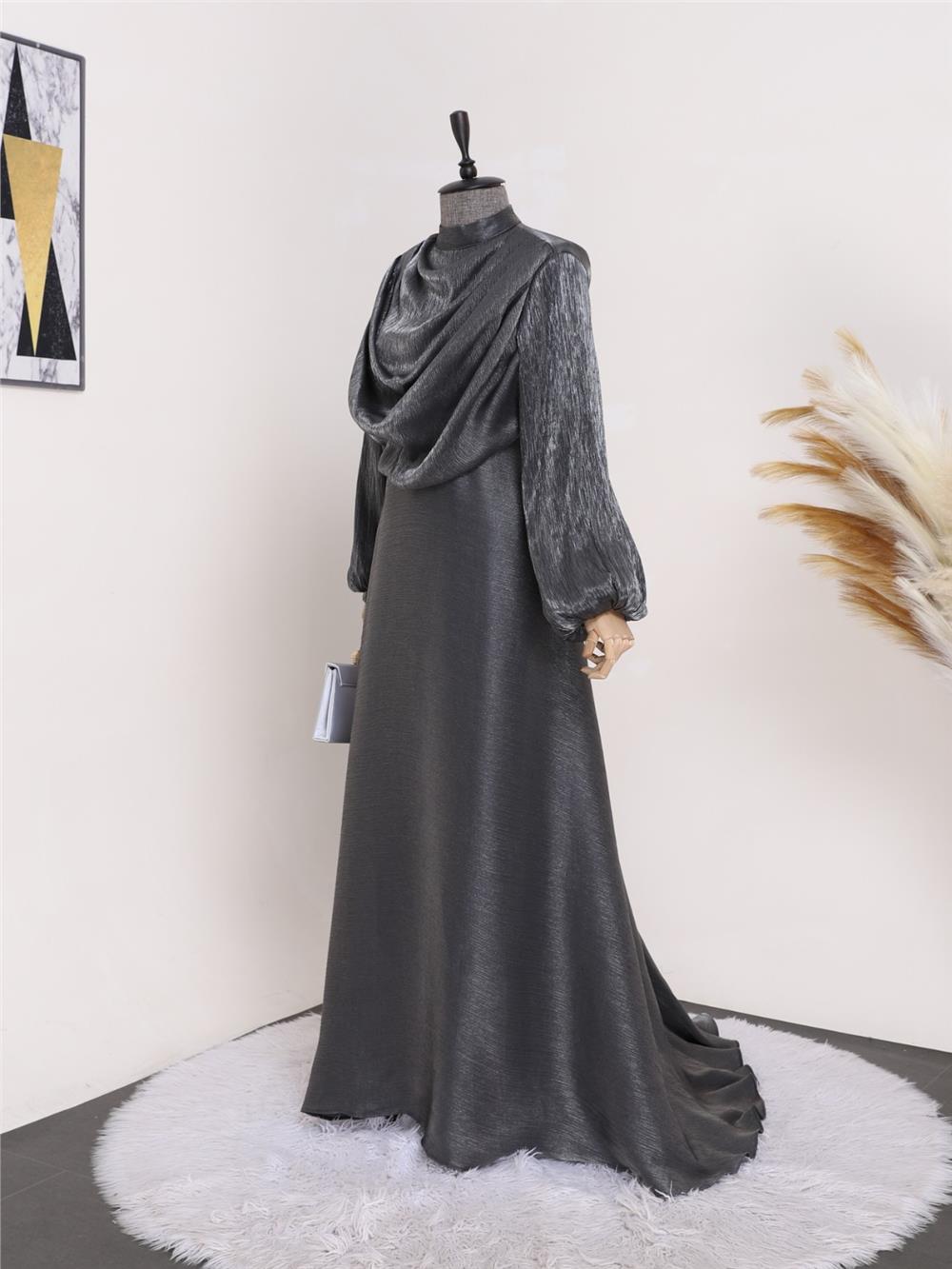 Balloon Sleeve Evening Dress with Flowing Front and Tail -Anthracite-386-5978-R64