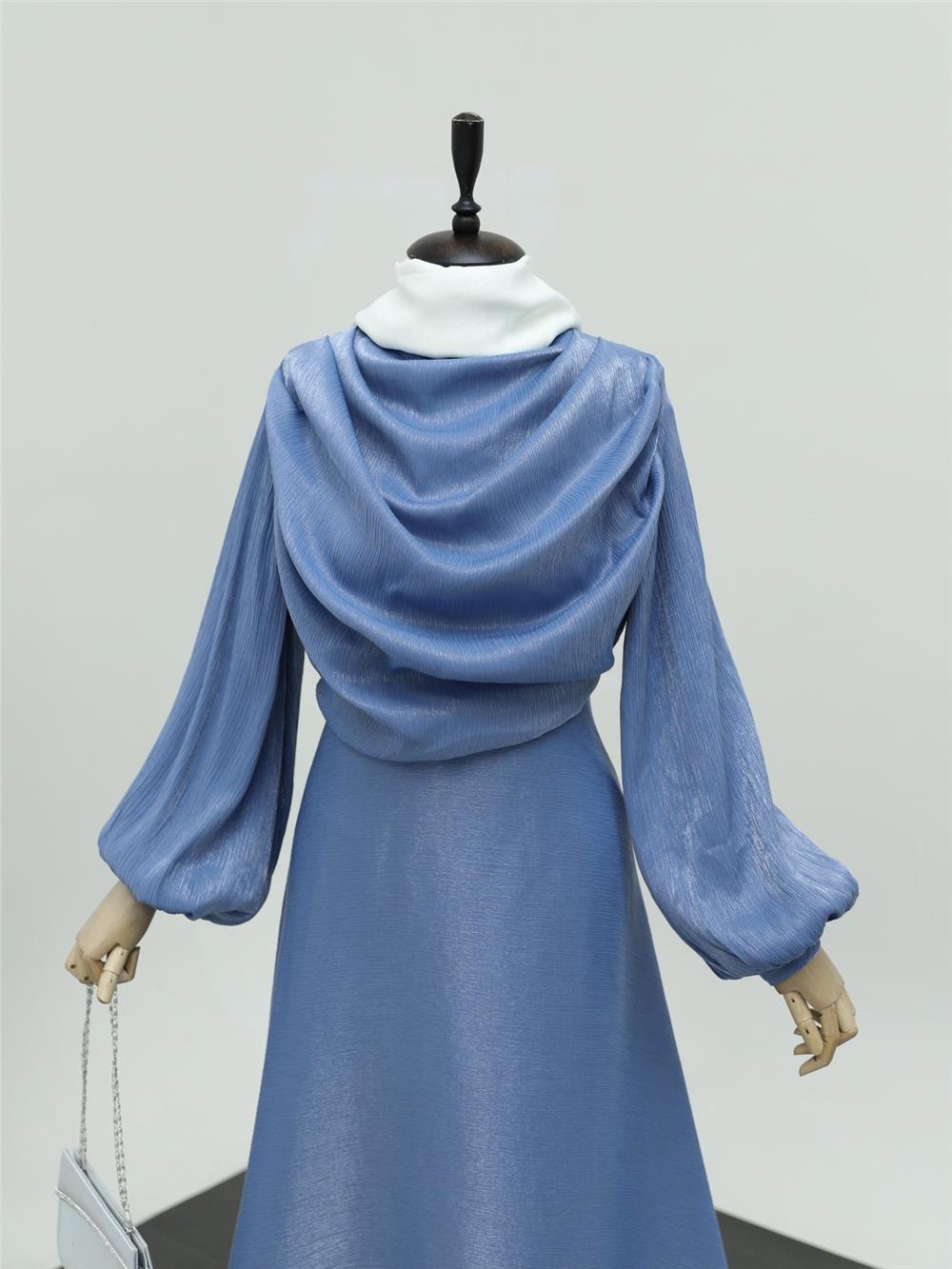 Balloon Sleeve Evening Dress with Flowing Front and Tail - Baby Blue-386-5978-R32