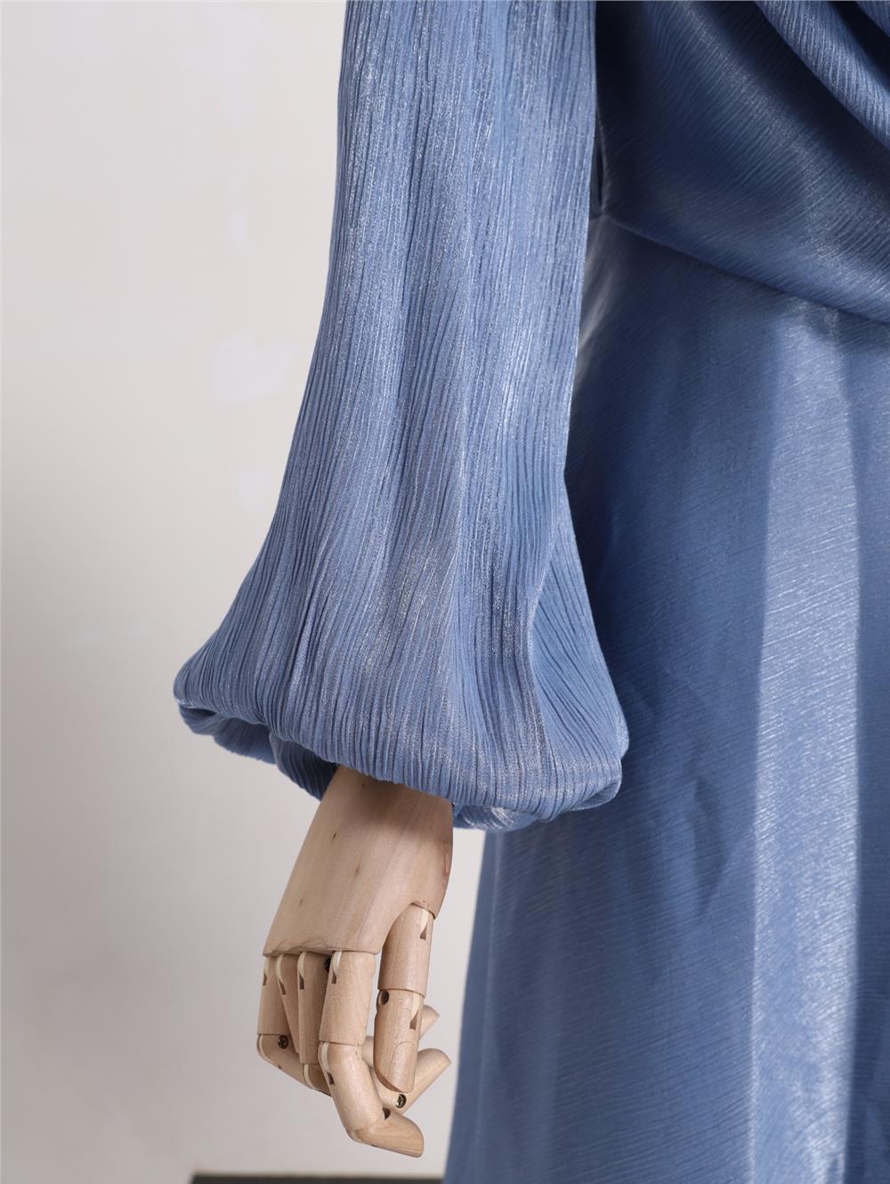 Balloon Sleeve Evening Dress with Flowing Front and Tail - Baby Blue-386-5978-R32