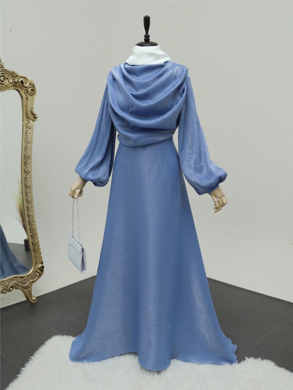 Balloon Sleeve Evening Dress with Flowing Front and Tail - Baby Blue-386-5978-R32