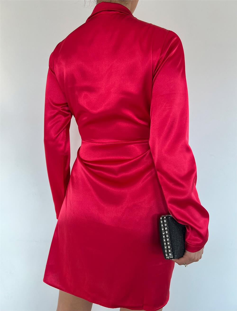 Front Draped Lace Satin Dress -Red-361-601-R33