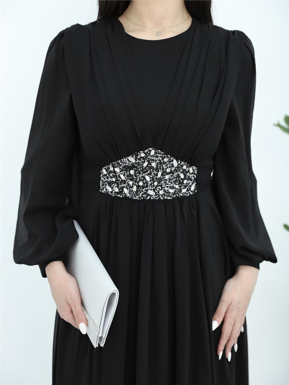 Draped Front, Tied Waist Stone Detailed Evening Dress - Black-316-4515-R01
