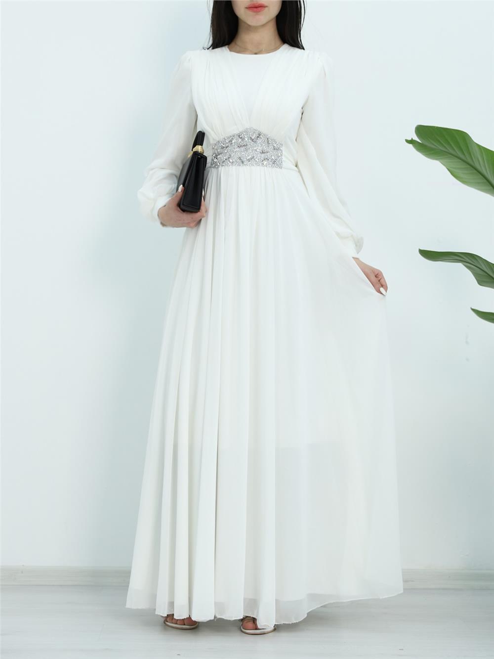 Draped Front, Tied Waist Stone Detailed Evening Dress -White-316-4515-R02