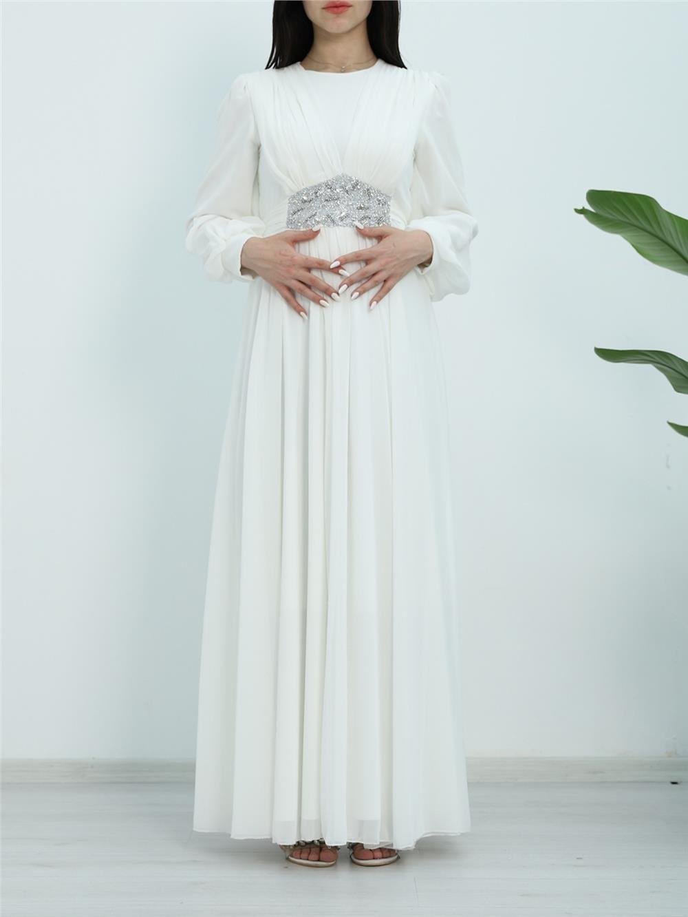 Draped Front, Tied Waist Stone Detailed Evening Dress -White-316-4515-R02